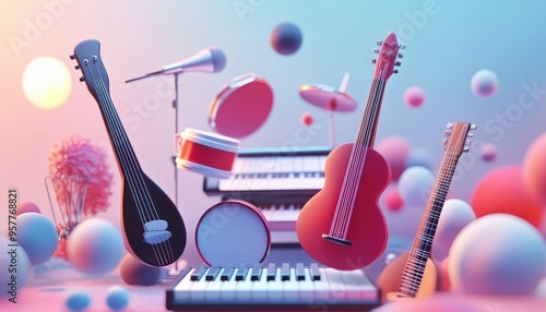 Colorful musical instruments arranged creatively with pastel spheres, perfect for projects related to music and art. photo