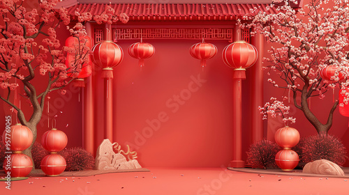 3D rendering of red Chinese house with lanterns and plum blossoms in cartoon style, symmetrical composition with minimalist background and light pink color scheme