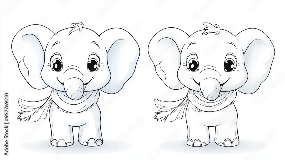 Fototapeta premium Playful Cartoon Elephant with Cozy Scarf on Coloring Page Surrounded by Vibrant Colored Pencils for Creative Fun and Relaxation.