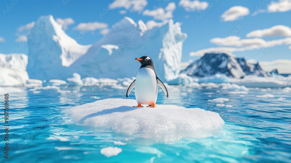 Obraz premium A charming penguin stands on a floating ice chunk, surrounded by clear blue water and majestic icebergs under a bright sky.