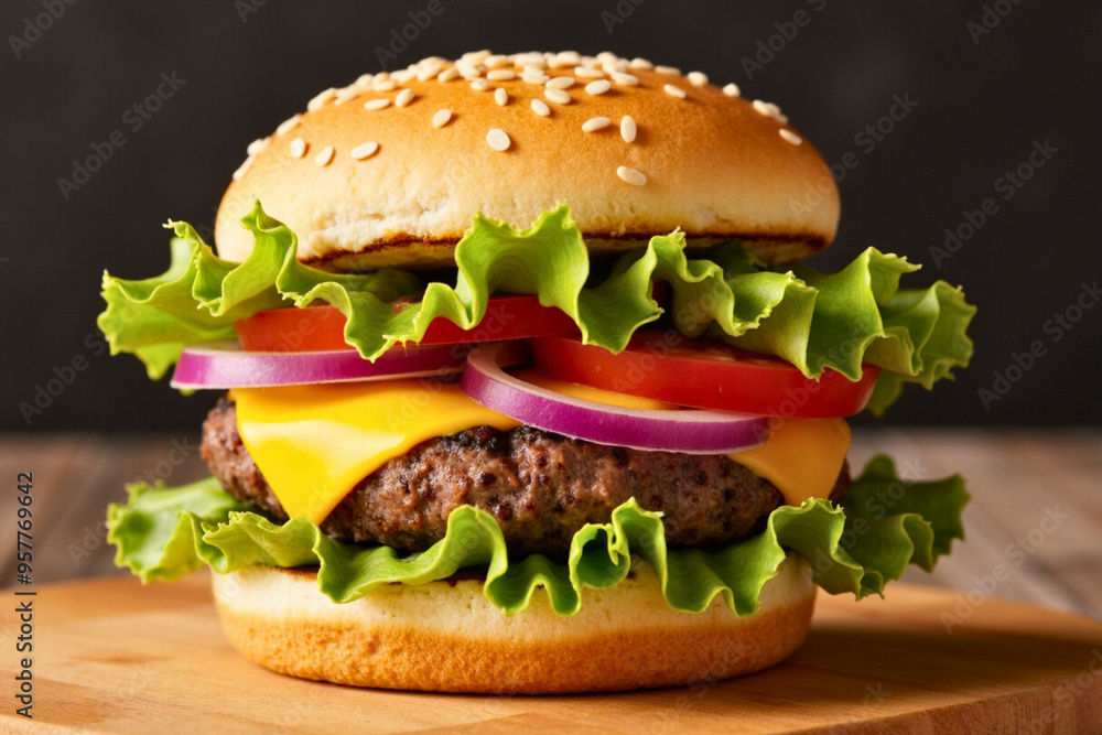 Mouthwatering Cheeseburger with Lettuce, Tomato, Onions on Sesame Seed Bun | Burger Image | Burger Closeup Shot Mouthwatering Cheeseburger with Lettuce, Tomato, Onions on Sesame Seed Bun | Burger Image | Burger Closeup Shot