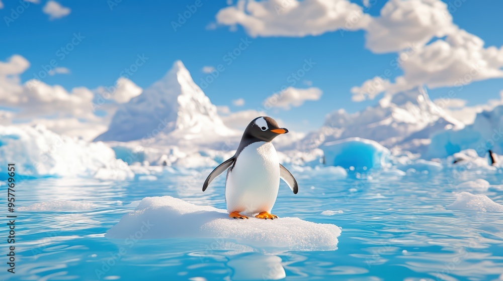Fototapeta premium A charming penguin stands on an ice floe in a serene, blue landscape with majestic mountains in the background.