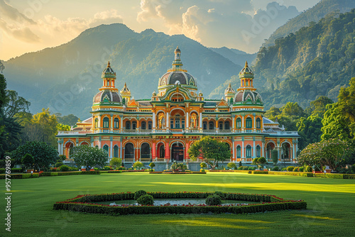 National Palace, with its majestic architecture and vibrant hues, stands as a breathtaking focal point against lush greenery of landscape, offering a panoramic view that captures essence of a sunny su photo