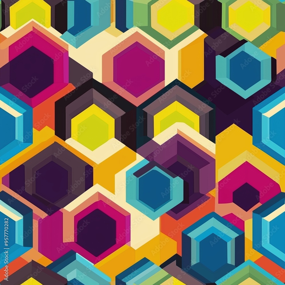 Geometric pattern with interlocking hexagons in bright, contrasting colors. This bold, seamless design features a vibrant 3D effect, perfect for modern decor, fashion, and stylish statement pieces. Geometric pattern with interlocking hexagons in bright, contrasting colors. This bold, seamless design features a vibrant 3D effect, perfect for modern decor, fashion, and stylish statement pieces.