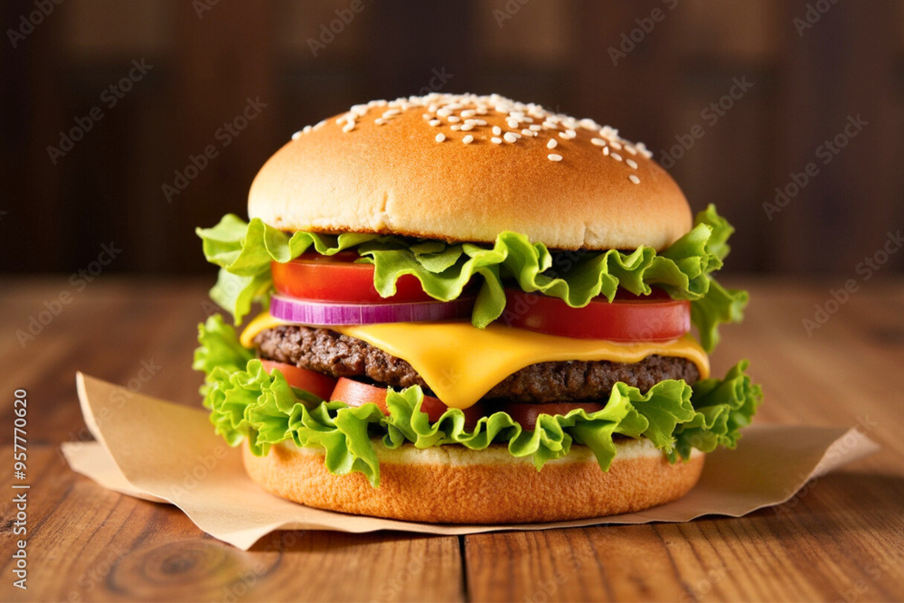 Mouthwatering Cheeseburger with Lettuce, Tomato, Onions on Sesame Seed Bun | Burger Image | Burger Closeup Shot Mouthwatering Cheeseburger with Lettuce, Tomato, Onions on Sesame Seed Bun | Burger Image | Burger Closeup Shot