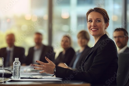 A confident female CEO leading a board meeting with determination. The room is filled with attentive executives and presentation