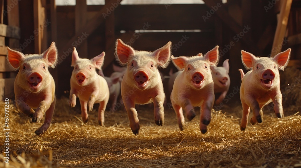 Playful Piglets Running in a Barn Playful Piglets Running in a Barn