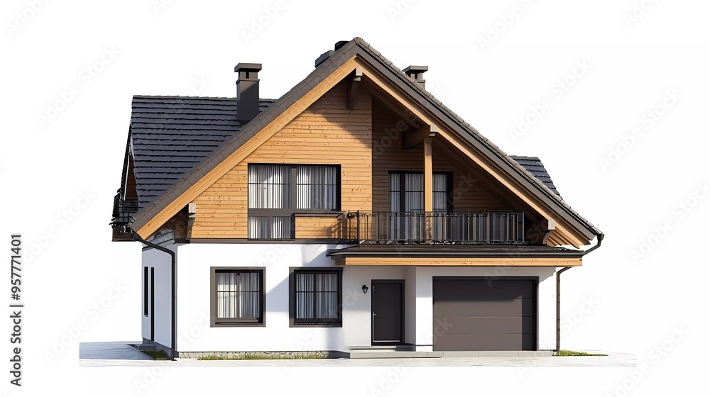 3D rendering of a cozy modern house in chalet style with garage. Isolated on white. 3D rendering of a cozy modern house in chalet style with garage. Isolated on white.