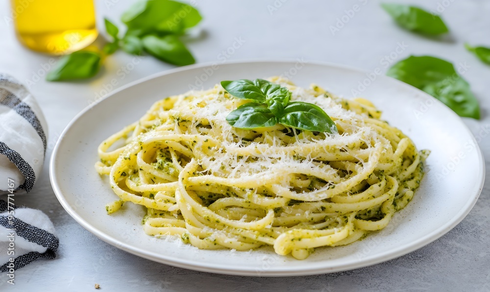 A plate of pasta coated in green pesto sauce, Generative AI A plate of pasta coated in green pesto sauce, Generative AI