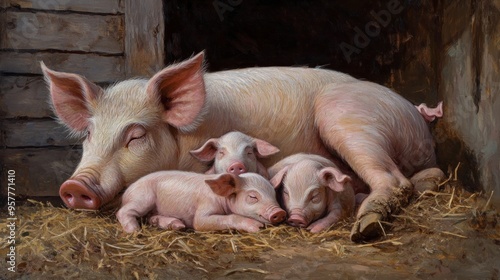 Mother Piglet and Her Sleeping Piglets