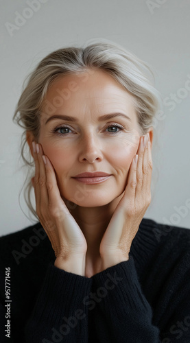 Middle-aged woman examining facial skin for fine lines, clear complexion, wrinkle-free appearance.