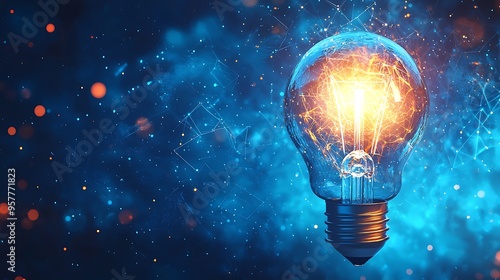 A glowing light bulb set against an abstract blue background, symbolizing innovation.