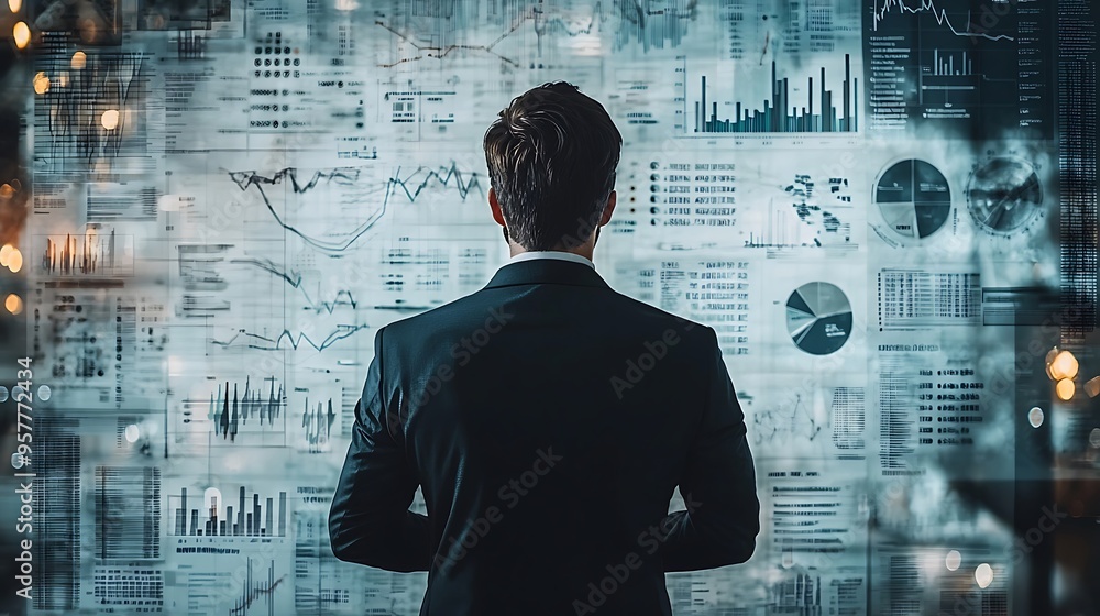 A businessman studies data charts and graphs projected on a wall. A businessman studies data charts and graphs projected on a wall.