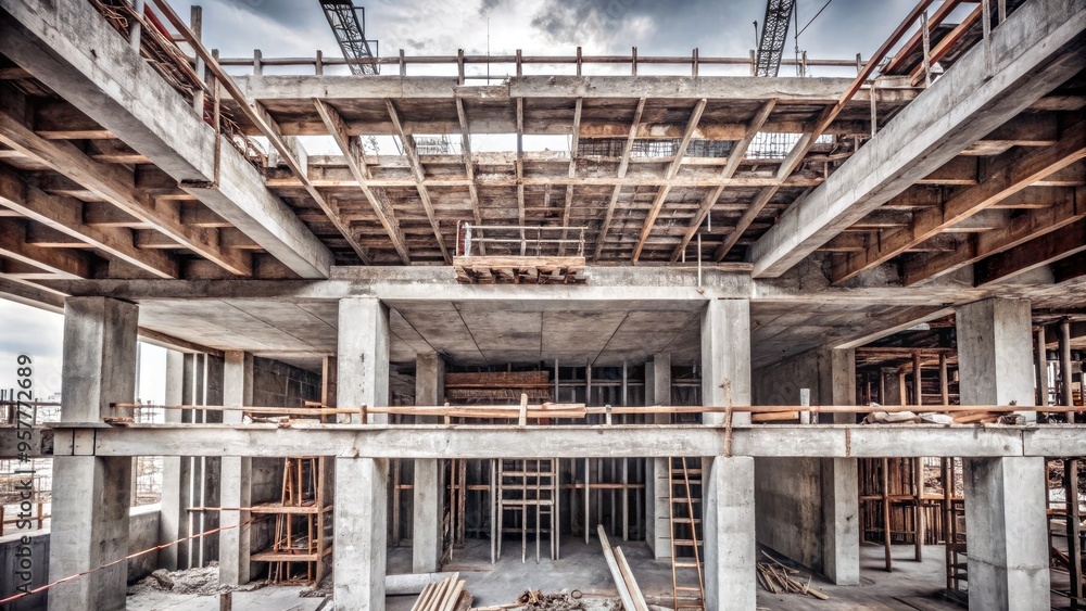 A construction site with exposed beams and concrete. A construction site with exposed beams and concrete.