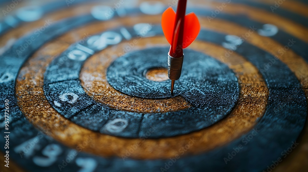 A red dart strikes the bullseye on a wooden dartboard, captured in a close-up view. A red dart strikes the bullseye on a wooden dartboard, captured in a close-up view.