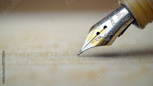 A macro shot of a fountain pen nib poised above a sheet of creamy paper, ink slowly pooling at the tip, with the paperâ€™s fine grain and the metallic sheen of the nib reflecting soft light photo