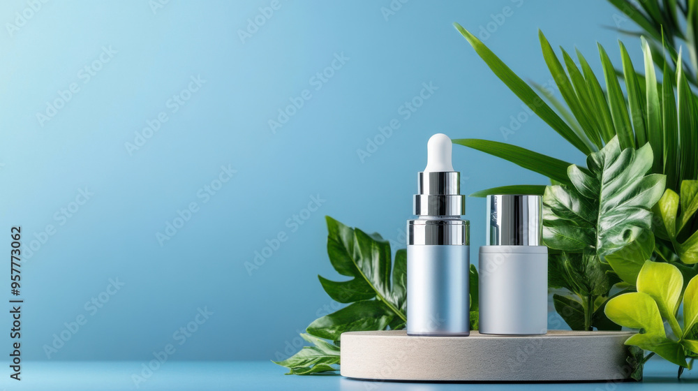 Skincare serum bottles arranged on a stand with tropical green leaves, emphasizing natural beauty and freshness. Skincare serum bottles arranged on a stand with tropical green leaves, emphasizing natural beauty and freshness.
