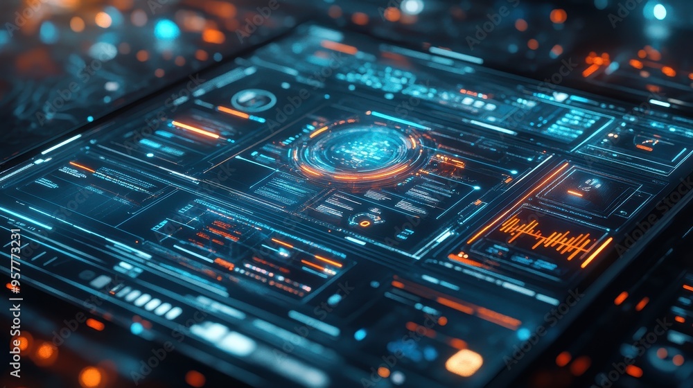 Futuristic digital interface with vibrant data visualizations and technology elements on a sleek tablet screen. Futuristic digital interface with vibrant data visualizations and technology elements on a sleek tablet screen.