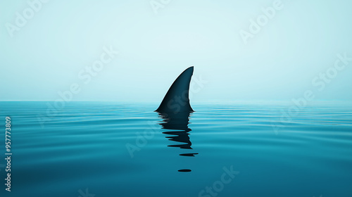 A shark fin breaks the surface of the water on a calm, blue day