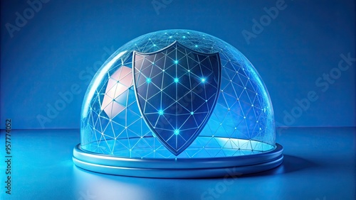 A blue shield encased in a digital glass dome.