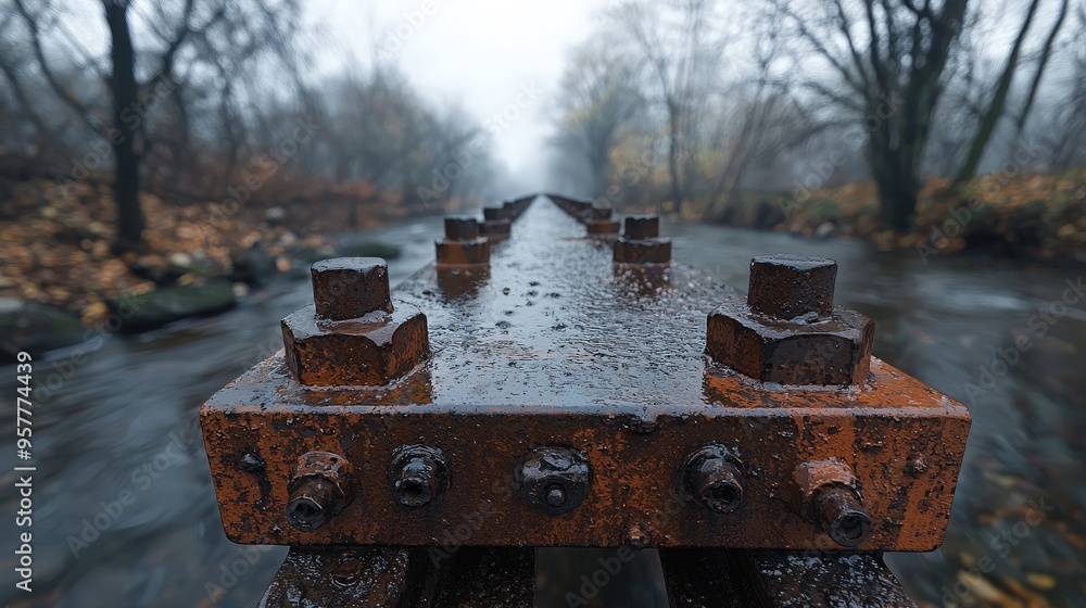 A rusty metal bridge spanning over a river symbolizing the effects of oxidation on infrastructure A rusty metal bridge spanning over a river symbolizing the effects of oxidation on infrastructure