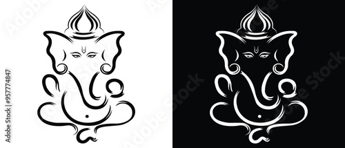Lord Ganesh line art - Ganesh Face art - Ganesh Chaturthi - Ganapati Festival. isolated on white background. Vector illustration.