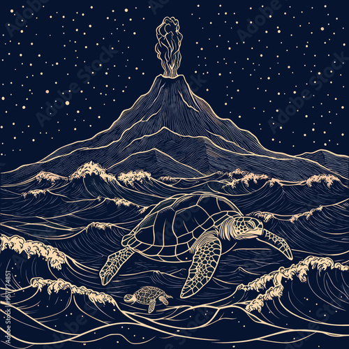 Intricate illustration of sea turtles swimming in ocean waves with a volcano erupting in the background under a starry sky, combining nature and fantasy photo