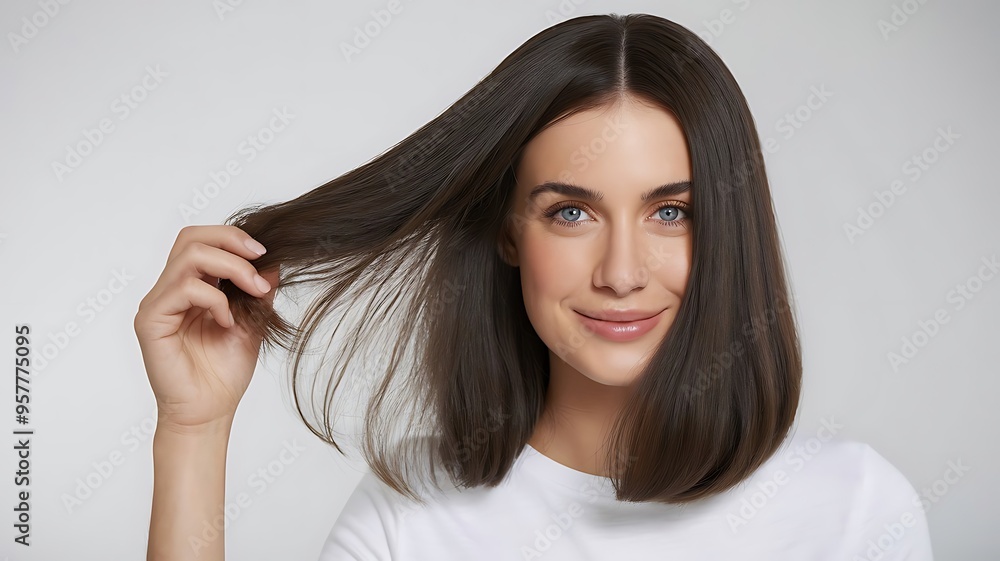 Beautiful Woman with Dark Brown Thick Smooth Shiny Silky Straight Hair Smiling in White T-Shirt Studio Professional Photo for Shampoo Advertising on White Background Focus on Hair. Beautiful Woman with Dark Brown Thick Smooth Shiny Silky Straight Hair Smiling in White T-Shirt Studio Professional Photo for Shampoo Advertising on White Background Focus on Hair.