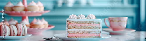 Exquisite Pastel Cake Display with Delicate Macarons and Cupcakes for Sophisticated Tea Party photo