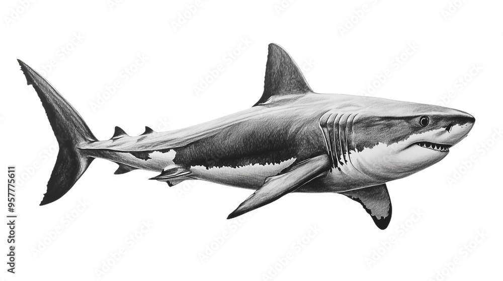 Obraz premium A detailed pencil drawing of a great white shark, captured in its natural environment