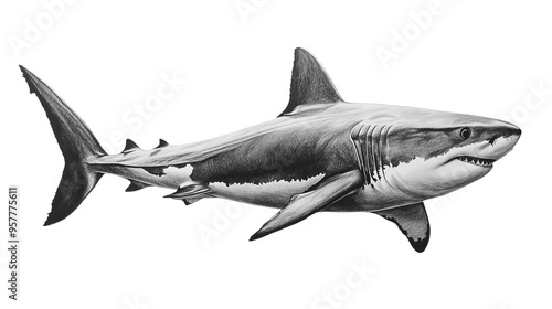 A detailed pencil drawing of a great white shark, captured in its natural environment