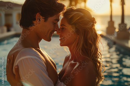 As newlywed couple on their honeymoon at a luxurious resort, they basked in warm glow of setting sun, casting a romantic and dreamy atmosphere over pool, with a wide-angle view capturing serene beauty photo