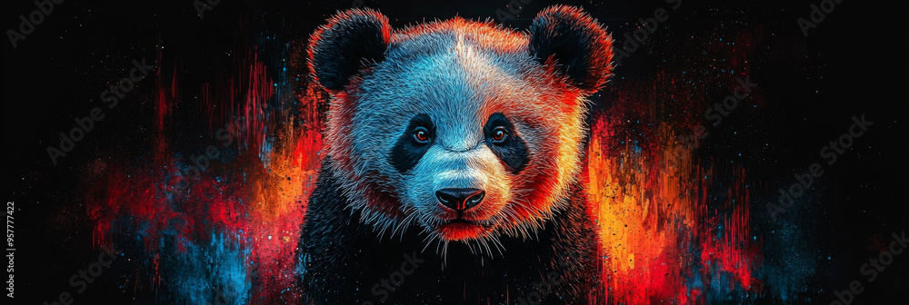 A close-up of a panda bear with a vibrant abstract background. A close-up of a panda bear with a vibrant abstract background.