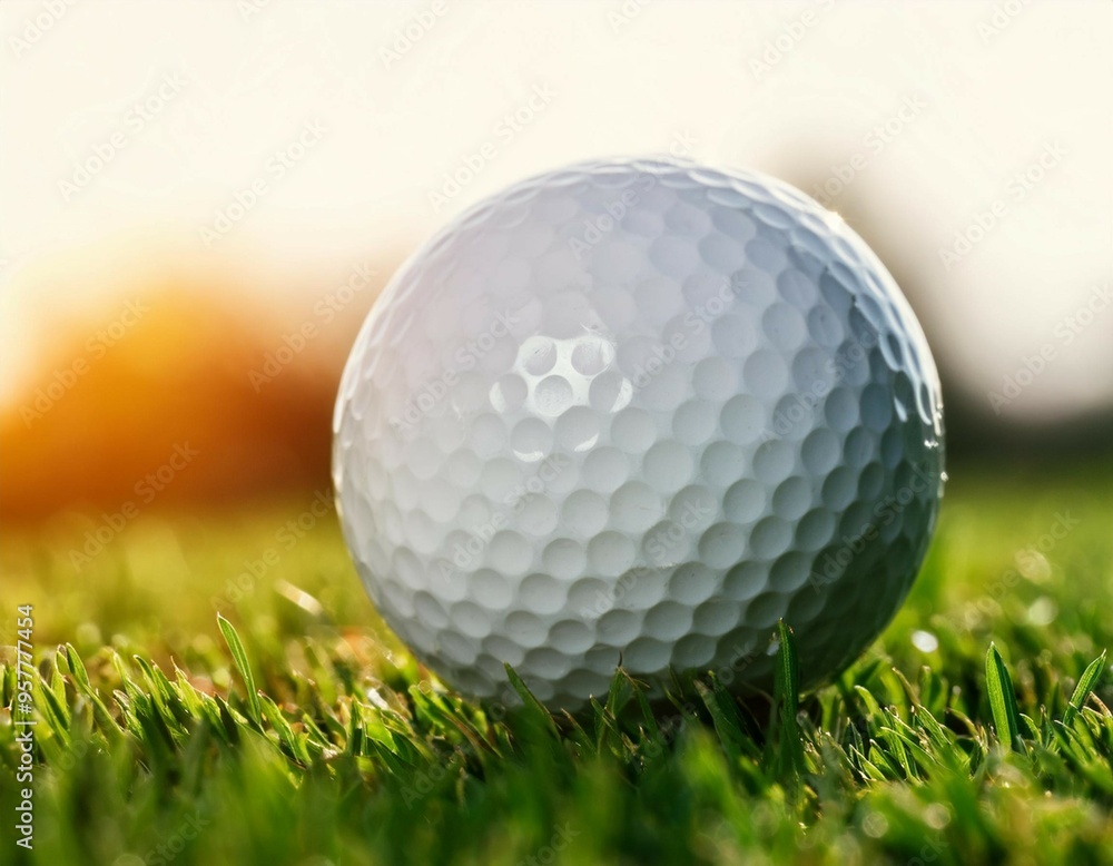 White golf ball resting on green grass tee, ready for a perfect drive on a sunny golf course White golf ball resting on green grass tee, ready for a perfect drive on a sunny golf course