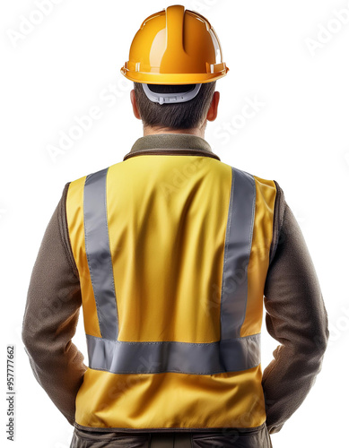 back view of worker in yellow uniform and helmet isolate on transparency background PNG photo