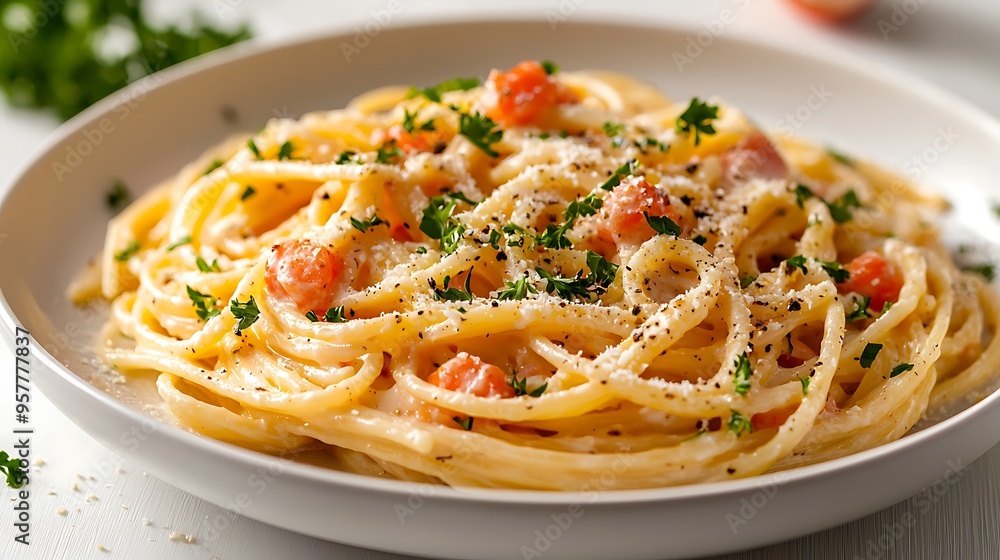 Creamy spaghetti topped with parmesan cheese and fresh parsley, an irresistible dish. Creamy spaghetti topped with parmesan cheese and fresh parsley, an irresistible dish.