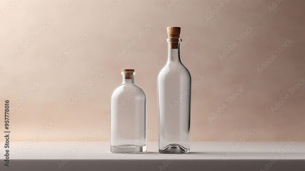 Mockup of empty bottle with wooden cork on simple background Mockup of empty bottle with wooden cork on simple background