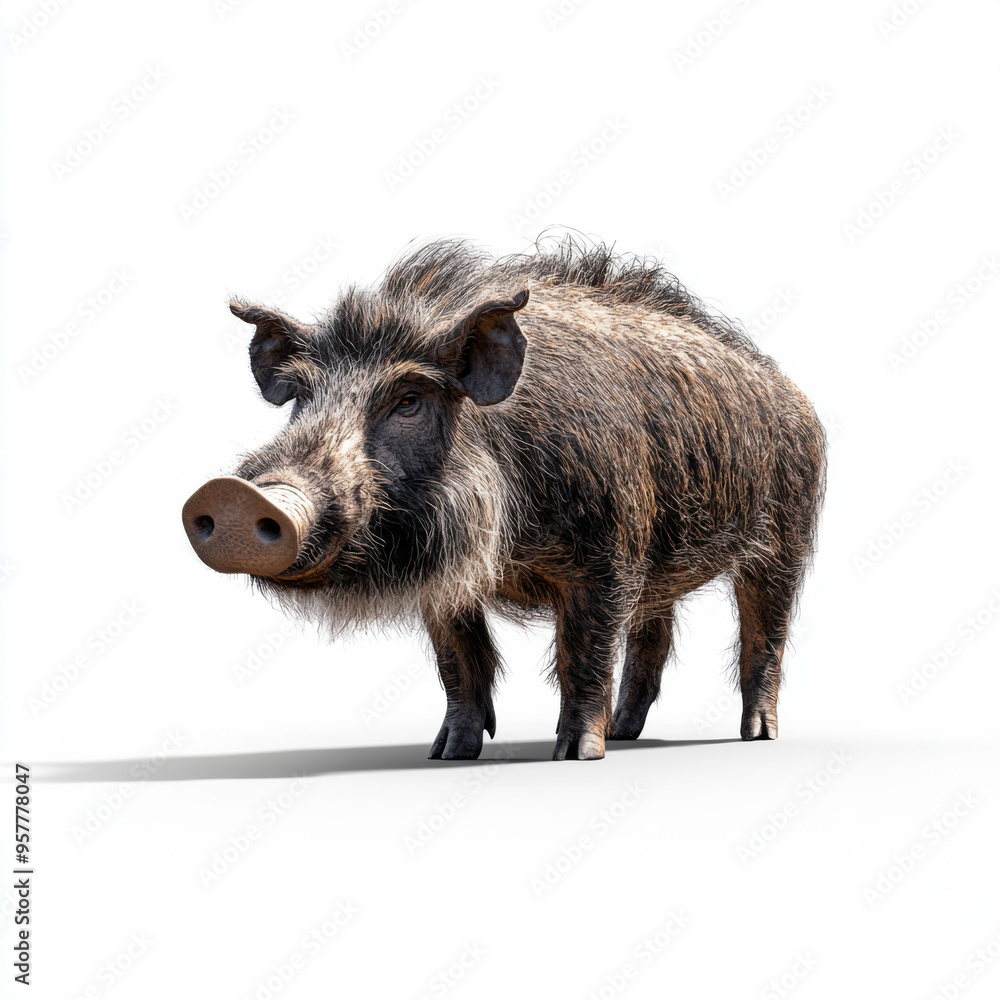 A wild boar with coarse fur standing against a plain white background, highlighting its features and texture. A wild boar with coarse fur standing against a plain white background, highlighting its features and texture.