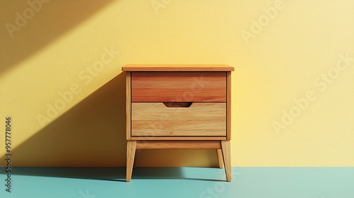 A wooden nightstand with two drawers set against a backdrop of yellow and green, blending rustic charm with bold colors. photo