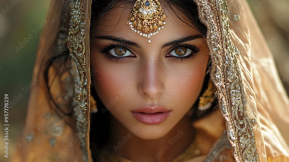 A beautiful Indian woman in a traditional saree, her makeup and golden jewelry glowing in the light. A beautiful Indian woman in a traditional saree, her makeup and golden jewelry glowing in the light.