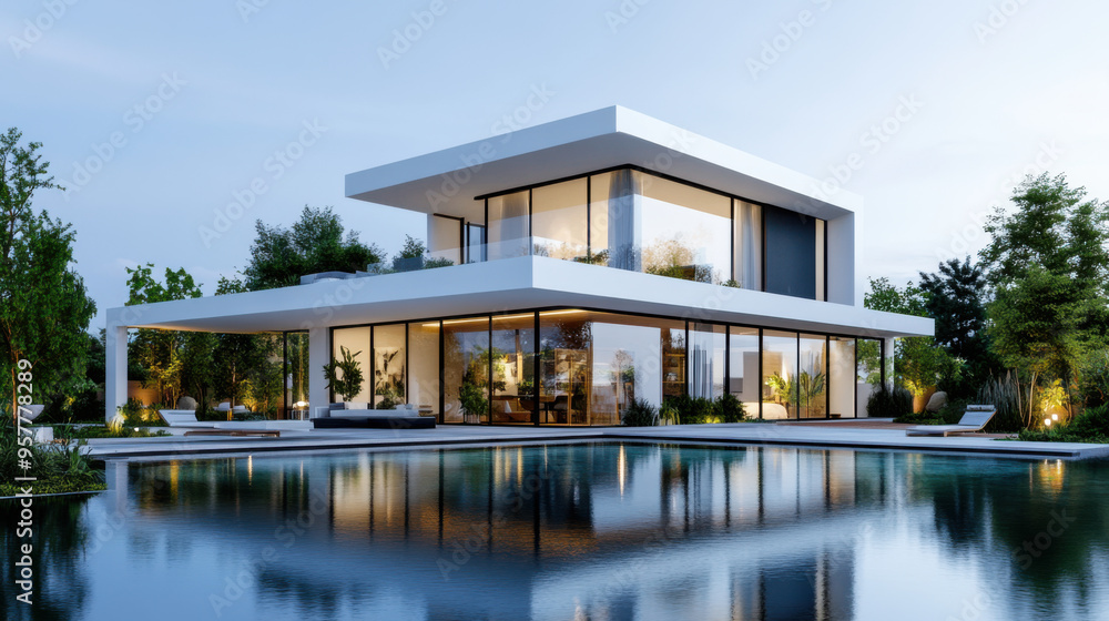 A sleek, modern luxury house with large glass windows reflecting a tranquil pool, captured at dusk. A sleek, modern luxury house with large glass windows reflecting a tranquil pool, captured at dusk.
