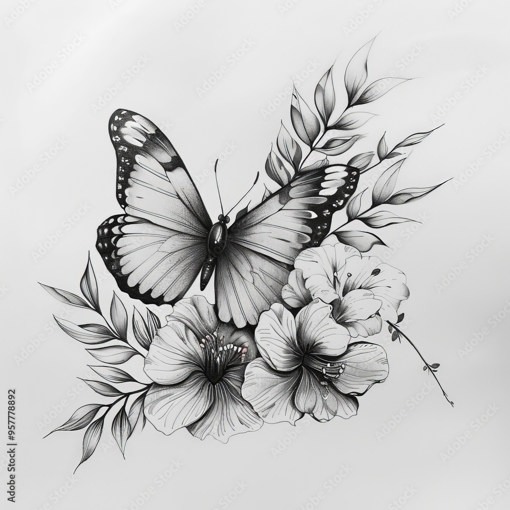 Fototapeta premium butterfly, flower, plant, nature, leaf, branch, floral, drawing, vector, illustration, bouquet, vase, decoration, flowers, tree, summer, flora, blossom, bunch, spring, sketch, art, garden, black, tatt