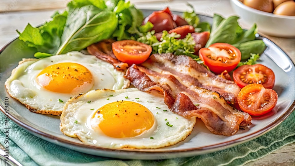 A hearty breakfast with eggs, bacon, and tomatoes. A hearty breakfast with eggs, bacon, and tomatoes.