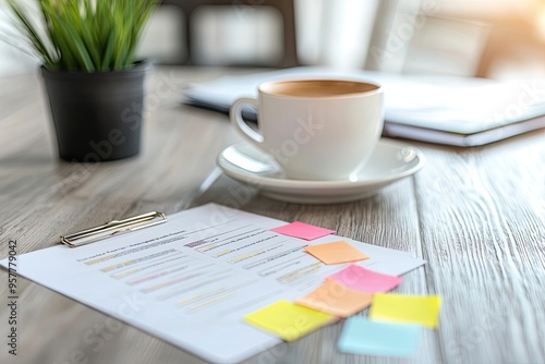 Office workplace with notepad, coffee cup and plant on wooden table