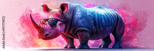 A cool rhino wearing sunglasses against a colorful background.
