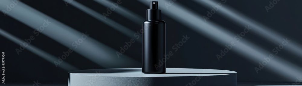 Stylish black spray bottle showcased on a round pedestal, illuminated by dramatic light, perfect for product display and branding. Stylish black spray bottle showcased on a round pedestal, illuminated by dramatic light, perfect for product display and branding.
