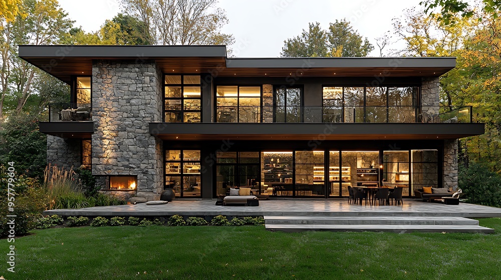 A modern stone house with a stylish patio and lush green grass, combining nature and architecture. A modern stone house with a stylish patio and lush green grass, combining nature and architecture.