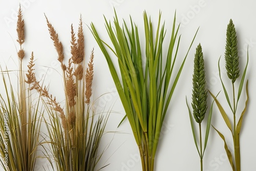 Natural Landscape Montage of Stipa Arundinacea, Carex Capillaris, and Juncus Balticus on a White Background photo