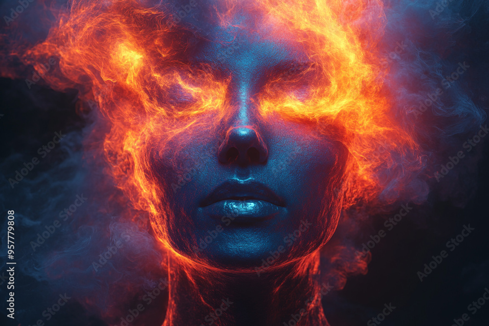 A striking portrait depicting a fiery transformation with vibrant flames surrounding a serene face, symbolizing power and mystery. A striking portrait depicting a fiery transformation with vibrant flames surrounding a serene face, symbolizing power and mystery.