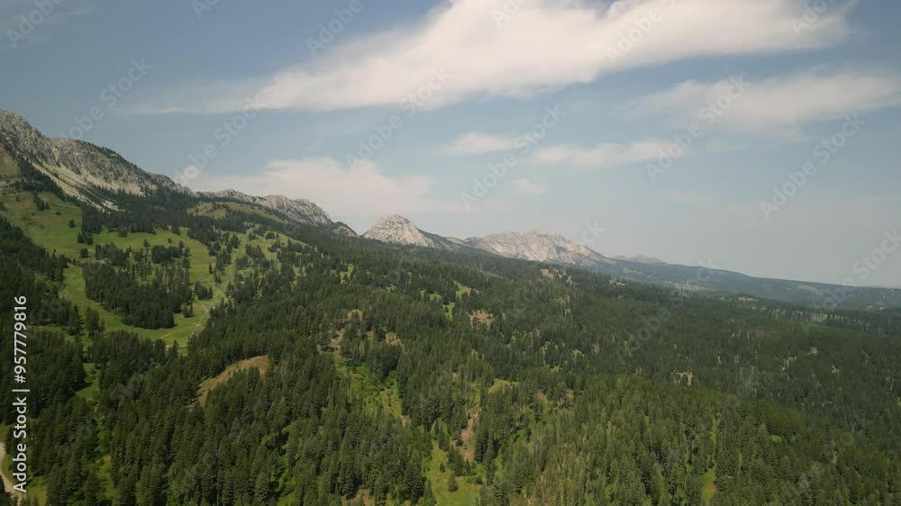 Aerial of Bridger Mountain Range in summer in Montana by Bozeman in Gallatin National Forest Aerial of Bridger Mountain Range in summer in Montana by Bozeman in Gallatin National Forest